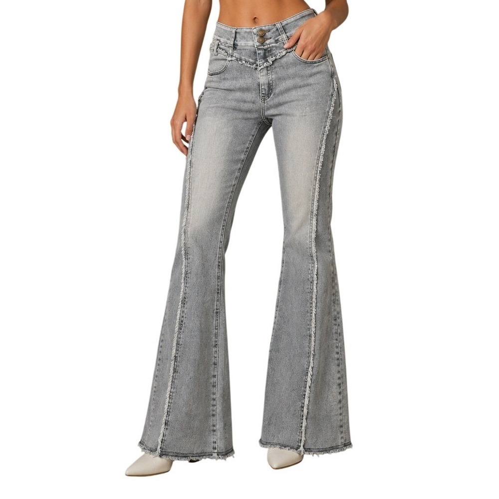 Elfric Eden Grey Star Patch Distressed High Waisted Flare Jeans Women's 25